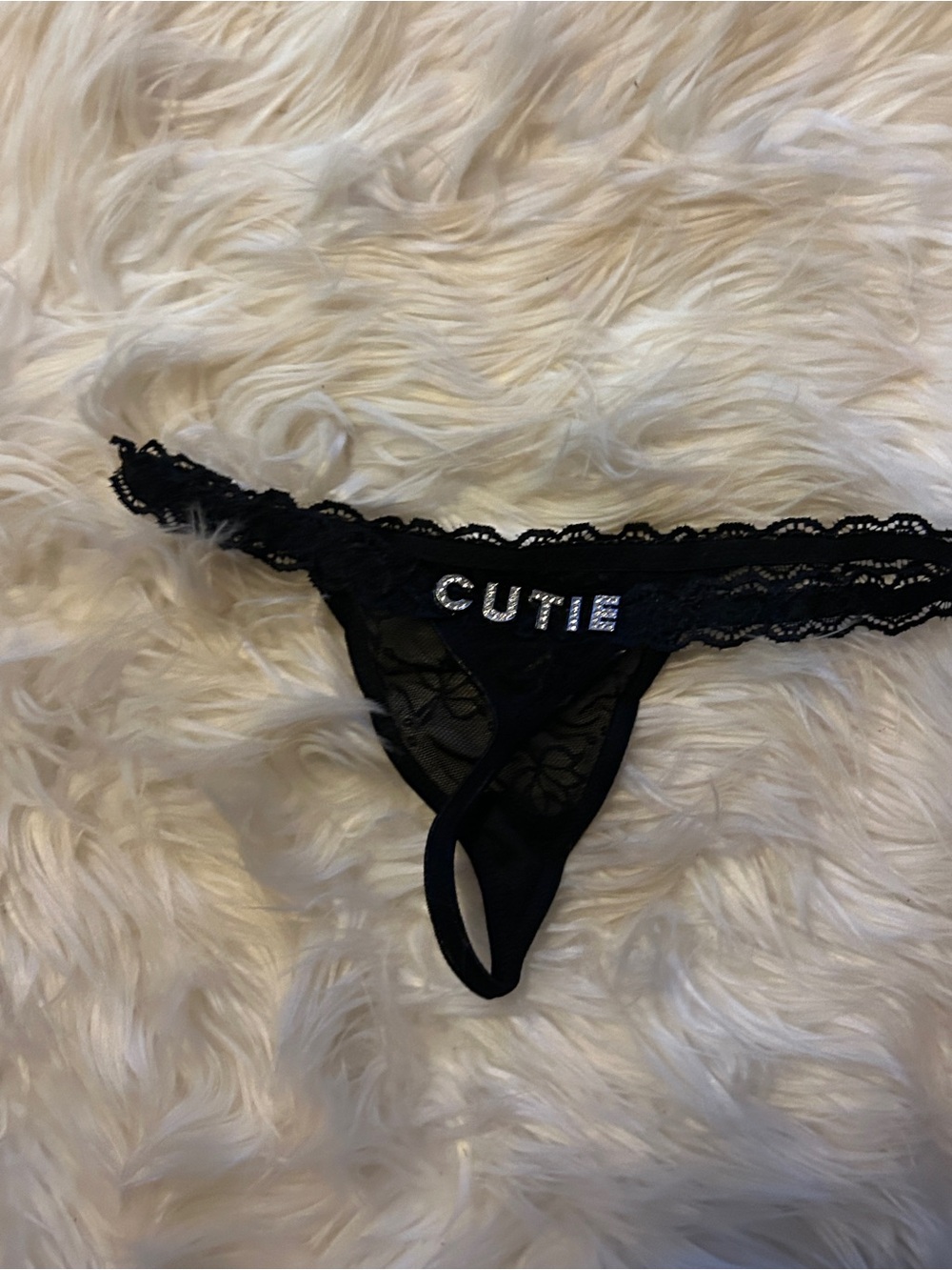 Black Lace 'CUTIE' Rhinestone Thong